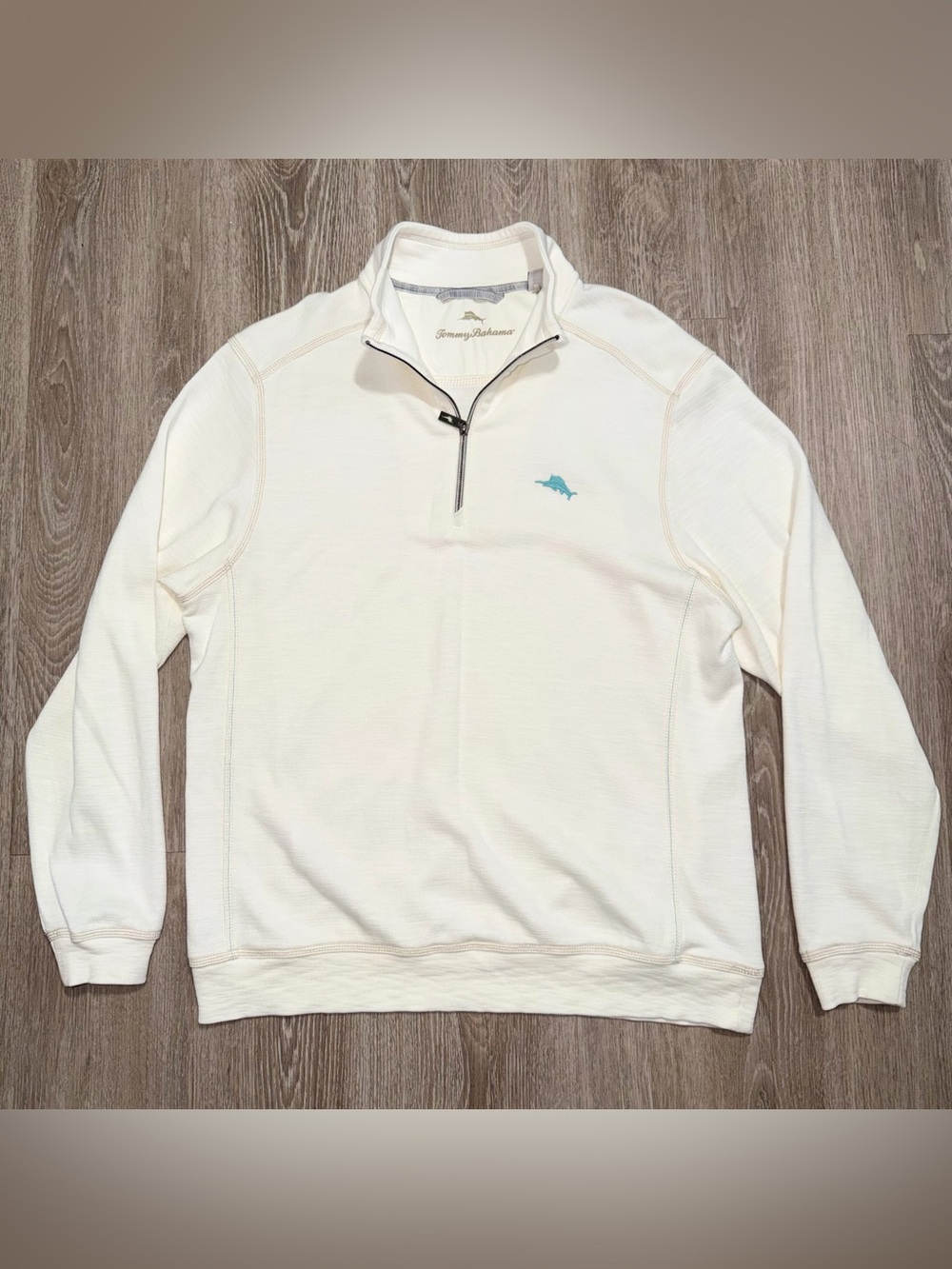 Tommy Bahama Tobago Bay Mens L Half Zip Pullover White Pima Cotton Tencel Logo